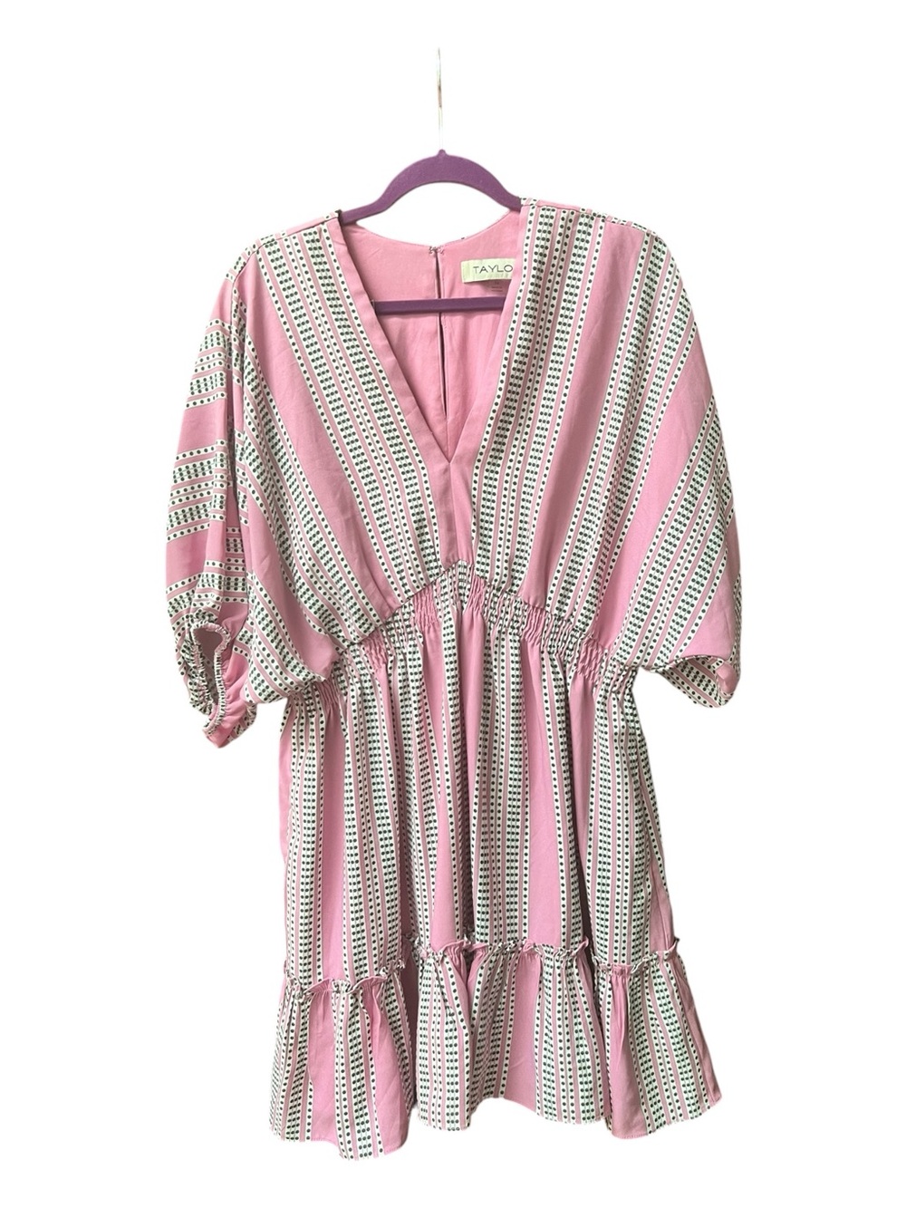 Taylor Pink Black and White Polka Stripe Blouson 3/4 Sleeve Dress Size 14